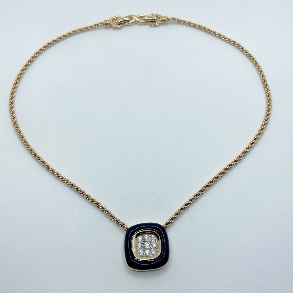 𝅺vtg Nina Ricci Black Enamel Rhinestone Square Pendant Gold Tone Necklace 17”